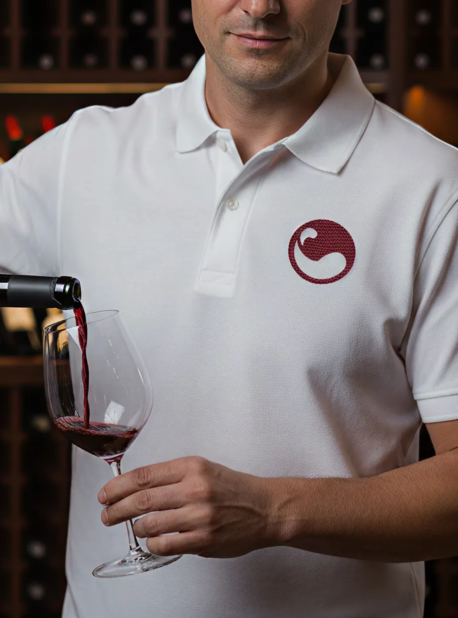 Membro del team Wine Trainer con calice di vino durante un servizio in sala