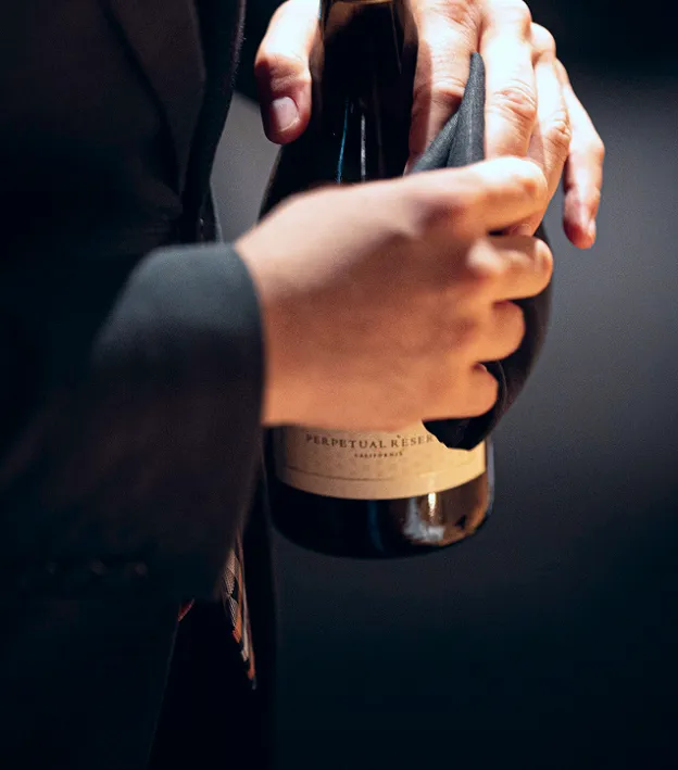 Un esperto enologo tiene in mano una bottiglia di vino rosso mentre spiega le caratteristiche del vino